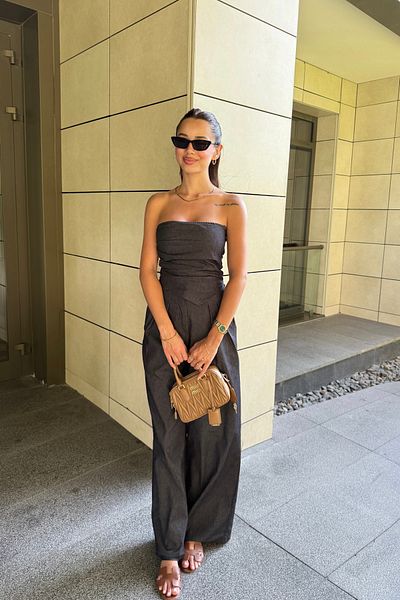 FMN Collection Design Strapless Asymmetrical Detail Denim Blouse Palazzo Wide Leg Pants Pinterest Denim Jeans Suit