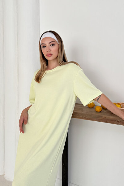 TrendyFashion Kadın Limon Sarısı Modal Kumaş Yırtmaçlı Oversize Elbise