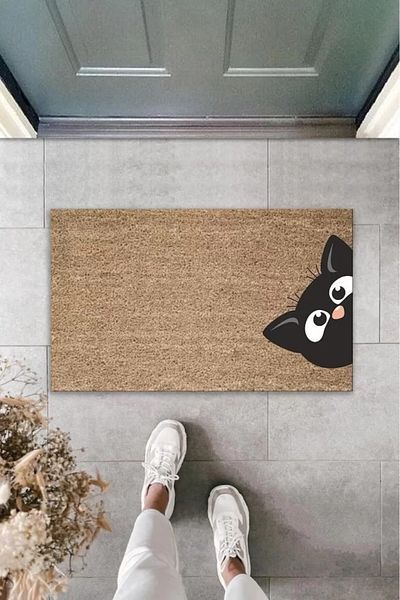 None Digital Printing Brown Side Facing Black Cat Decorative Door Mat K-2018