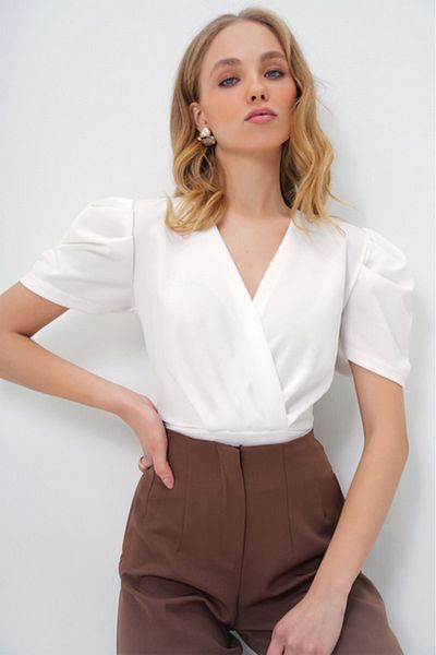 OLSAMODA Women's Double-Collar Princess Sleeve Waist Pleated Flexible Fabric Bluz