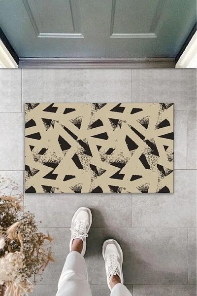 P Parla Decorative Digital Print Brown Geometric Outdoor Floor Mat K-2096