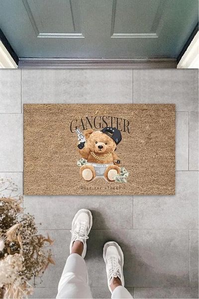 Mu Art Ahşap Digital Gangster Teddy Bear Beige Door Mat Outdoor Mat K-3193