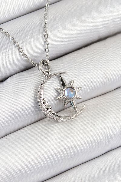 Clariss 316L Steel Zircon Stone Pole Star Crescent Model Silver Color Women's Necklace