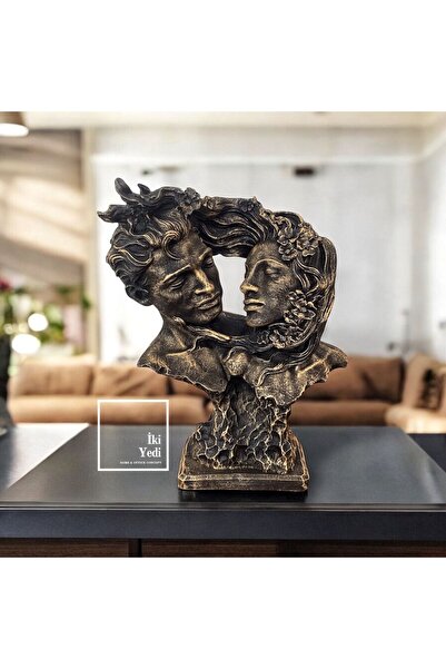 77 Lovers 77-1 Aşık Yüzler Heykeli Romantik Çift Figürü Antik Bronz Renk Deko...