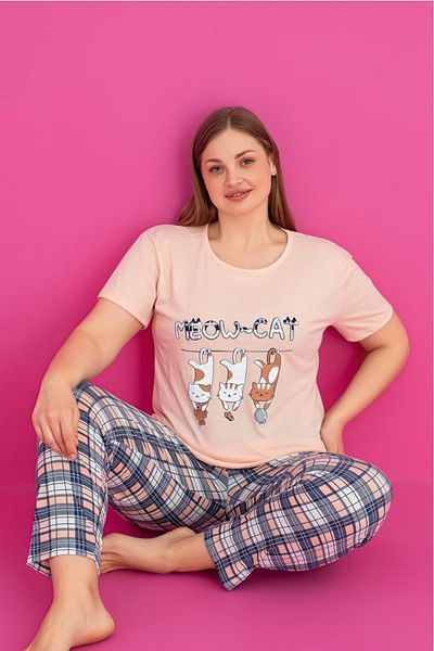 Farya Home X-Dreamy Plus Size Cotton Patterned Short Sleeve Pajamas Set