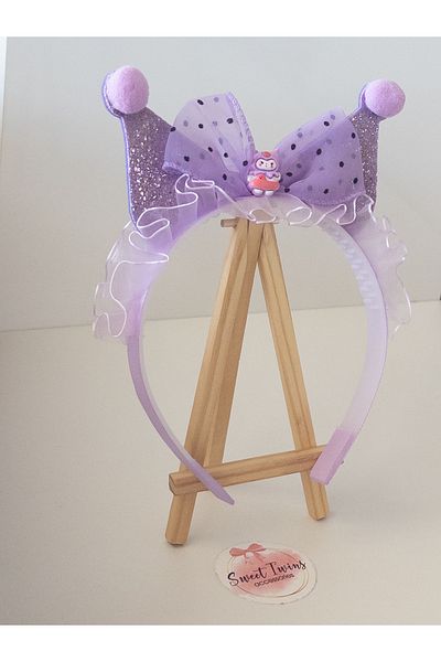 Sweet twins accessories Kuromi Girl's Crown Sparkling Tulle Bow Pompom Purple Girl's Crown