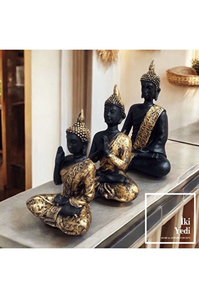 77 28 cm Siyah Altın İşlemeli Buda Heykeli Seti | Meditasyon ve Zen Dekorasyo...