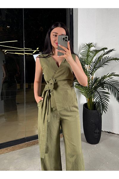 missswans Sendy Fabric Patterned Trousers Khaki Green