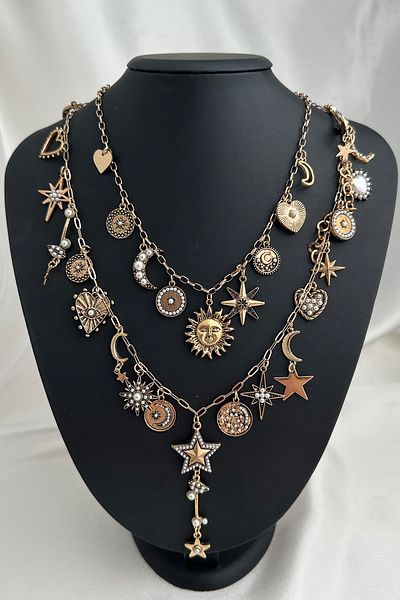 Modex Multi-Figured Gold Color Necklace with Moon, Star and Sun Detail