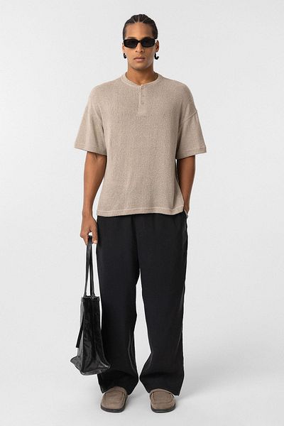 VAMOSCLO Basic Oversize Button Collar T-Shirt Beige