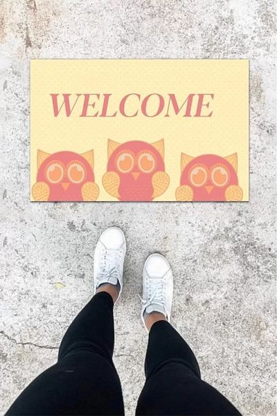Mu Art Ahşap Digital Printing Pink Three Owl Pattern Door Mat K-1032