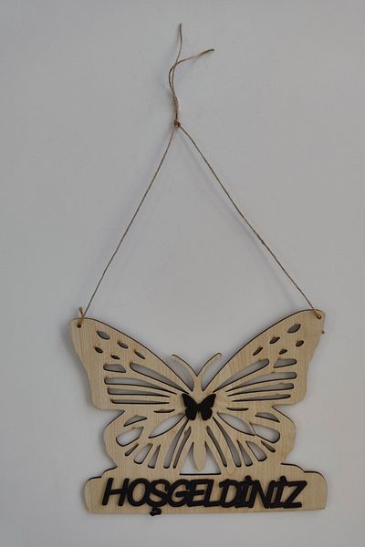 Kutaydan Welcome Written Butterfly Figured Mdf Laser Cut Door and Wall Ornament - Maple Wood