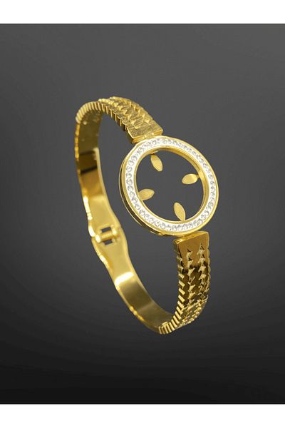 FM Quarter Capacity Zircon Stone Leaf Detailed Gold Color 316L Stylish and Shiny Steel Bracelet