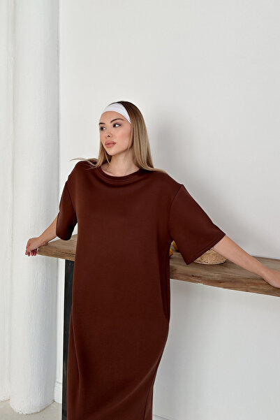 TrendyFashion Women's Brown Modal Fabric Slit Oversize Dress