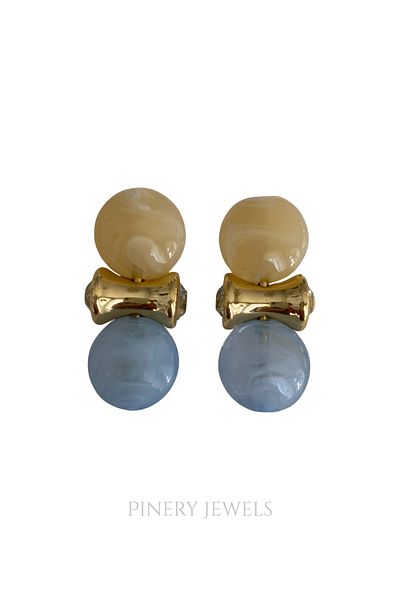 Pinery Jewels Pair of Oval Blue and Cream Stone Women's Earrings 4 cm