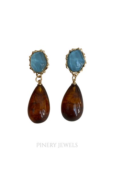 Pinery Jewels Natural Stone Look Brand Model Blue Brown Drop Stone Dangle Earrings Pair 5 cm