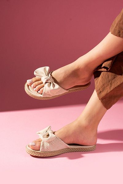 FUGA MODA Vanta Beige Straw Wrap Detailed Bow Slippers