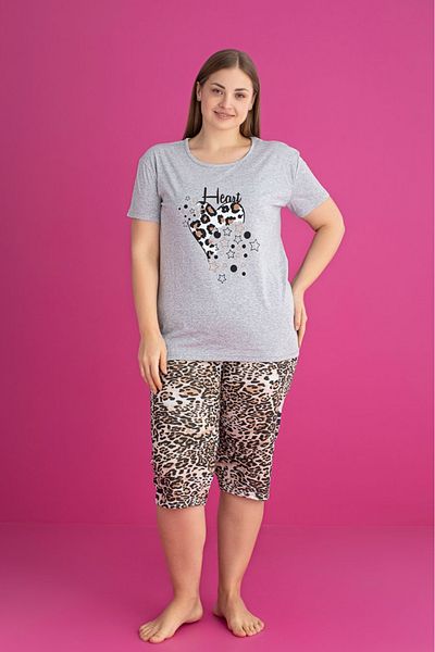 Farya Home Plus Size Cotton Patterned Short Sleeve Bermuda Capri Suit