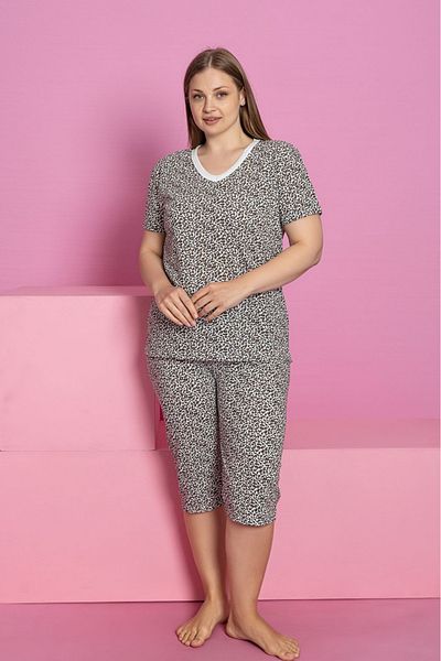 Farya Home Plus Size Cotton Patterned Short Sleeve Bermuda Capri Suit
