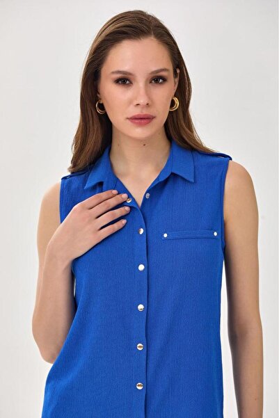 İKİLER Polo Neck Front Snap Epaulet Blouse 025-1026