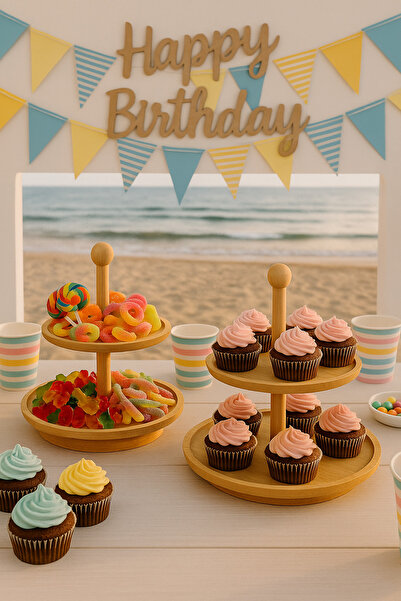 NOY 2 Katlı yuvarlak Bambu İkram Standı – Doğal Ahşap Tepsi