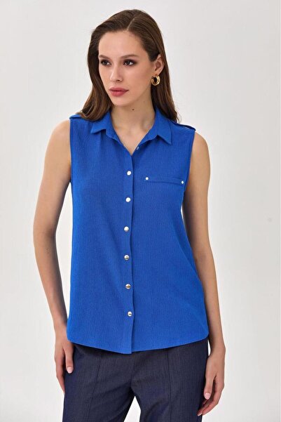 İKİLER Polo Neck Front Snap Epaulet Blouse 025-1026