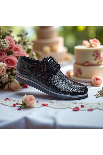 fikret bağcı Men's Patent Leather Lace-Up Face Laser Printed Henna Wedding Special Day Thermo Non-Slip Sole Shoes