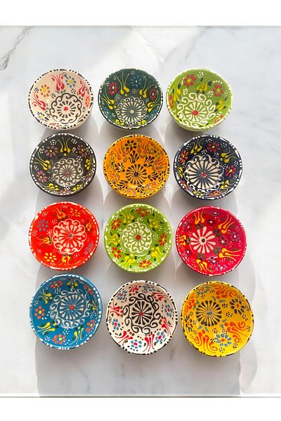 Artistic Quality Decorative Tulip Evil Eye Bead Embroidered Tile Ceramic Sauce Bowl - Snack Bowl - Breakfast Bowl 16 Pieces