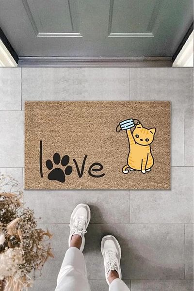 Home Digital Printing Brown Paw Love Written Masked Cat Decorative Door Mat K-2010
