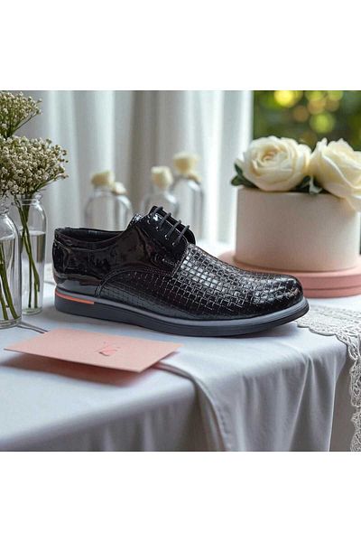 fikret bağcı Men's Patent Leather Lace-Up Face Laser Printed Henna Wedding Special Day Thermo Non-Slip Sole Shoes