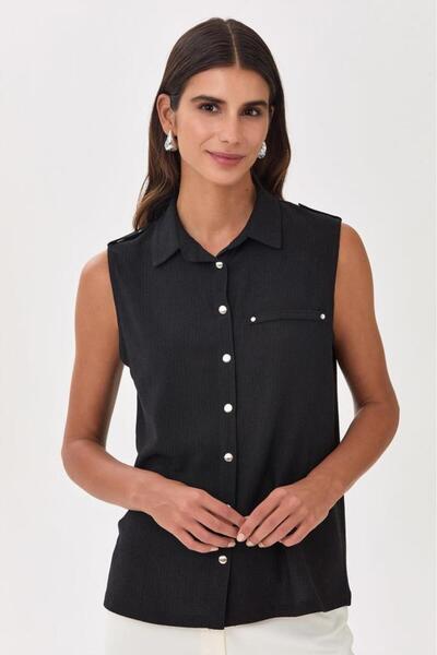 İKİLER Polo Yaka Önü Çıtçıtlı Apoletli Bluz 025-1026