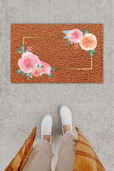 Artızon Digital Printing Decorative Flower Brown Door Mat K-1237
