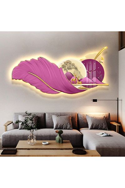Un Elegant Feather Design Illuminated Wall Clock with Luxury Clock, LED Light and Remote Control
