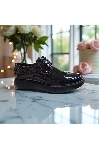 fikret bağcı Men's Patent Leather Lace-Up Face Laser Printed Henna Wedding Special Day Poly Light High Sole Shoes