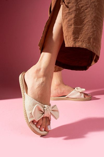 FUGA MODA Vanta Beige Straw Wrap Detailed Bow Slippers