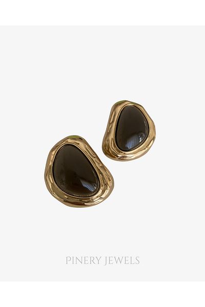 Pinery Jewels Heart Hairy Black Stone Women's Earrings Pair 4 cm