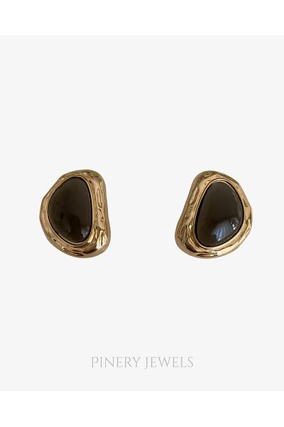Pinery Jewels Heart Hairy Black Stone Women's Earrings Pair 4 cm