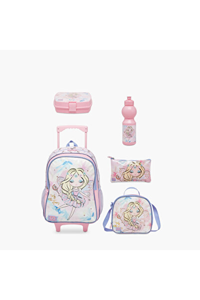 Sami Studio حقيبة ظهر بعجلات بطبعة جنية، 5 قطع، بمقبض قابل للسحب - 34×20×48 سم