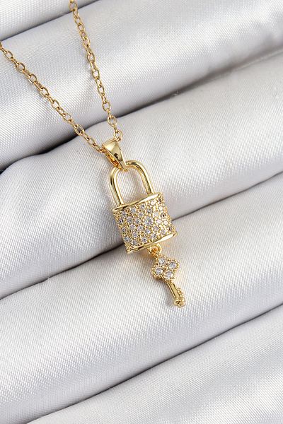 norsary 316L Steel Zircon Stone Lock and Dangle Key Model Gold Color Women's Necklace