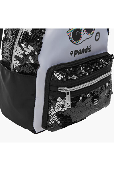 Icon Panda Print Sequinned Backpack with Adjustable Straps - 27x23x11 cms