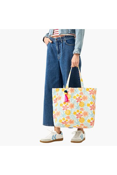 Lifestyle Floral Print Shopper Bag with Double Handles and Tassel Detail