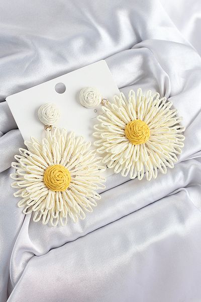 norsary Brass Cream Daisy Model Gold Color Women's Straw Earrings