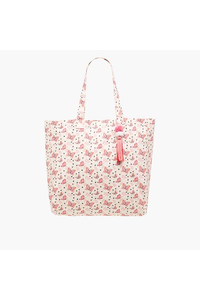 Lifestyle Butterfly Print Tote Bag with Double Handles and Tassel Detail