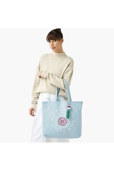 Lifestyle Slogan Print Tote Bag with Double Handles and Tassel Detail