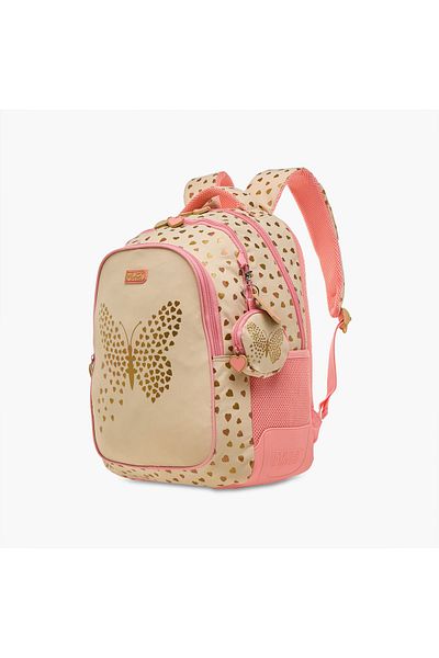 MUST Butterfly Print Backpack with Adjustable Straps and Zip Closure - 32x18x43 cms
