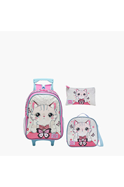 Sami Studio طقم حقيبة ظهر بعجلات بطبعة قطة، 3 قطع، مقاس 16 بوصة - 31×23×10 سم