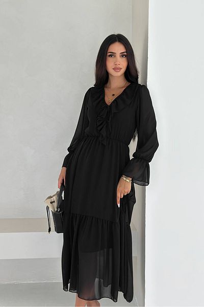 Neşeli Butik Black Flounced Lining Chiffon Dress Nbk4241