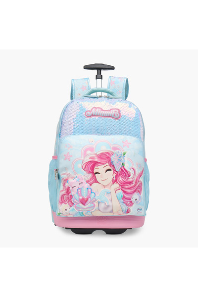 minmie حقيبة ظهر بعجلات بطبعة حورية البحر والترتر مقاس 18 بوصة ومقبض قابل للسحب - 33 × 16 × 48 سم