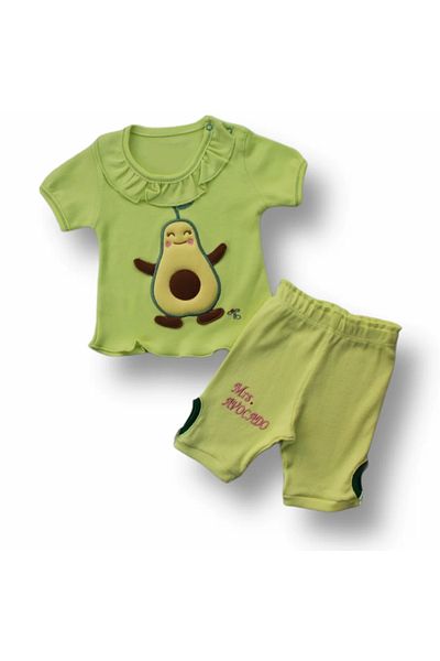 BYB MODA TASARIM 3-6 6-9 9-12 12-18 Months Avocado Embroidered Short Sleeve Sweat Shorts 2-Piece Girl-Boy Baby Set Green