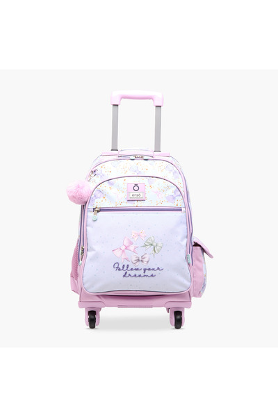 Enso حقيبة ظهر بعجلات بطبعة فيونكة ومقبض قابل للسحب - 33×44×21 سم